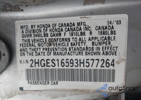 2003 Honda Civic Lx from USA, damaged, VIN 2HGES16593H577264